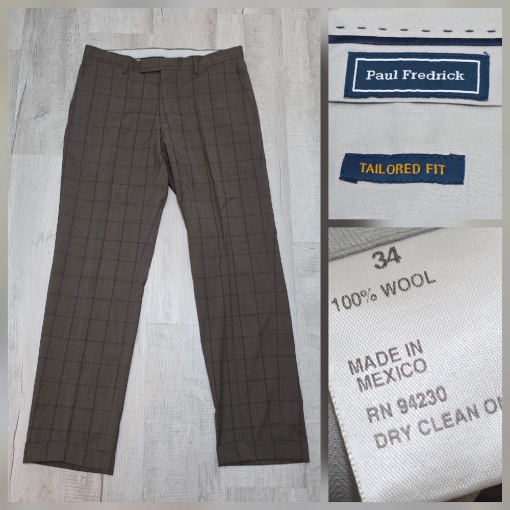 Paul Fredrick Men's Brown Windowpane Plaid 100% Wool Tailored Fit Dress Pants 34